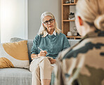 Therapy, support consultation and psychologist talking to a patient about mental health in an office. Senior therapist speaking to a client about a solution to depression or anxiety at a clinic