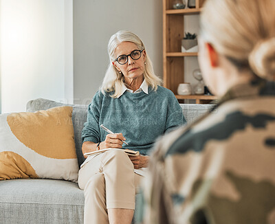 Buy stock photo Therapy, support consultation and psychologist talking to a patient about mental health in an office. Senior therapist speaking to a client about a solution to depression or anxiety at a clinic