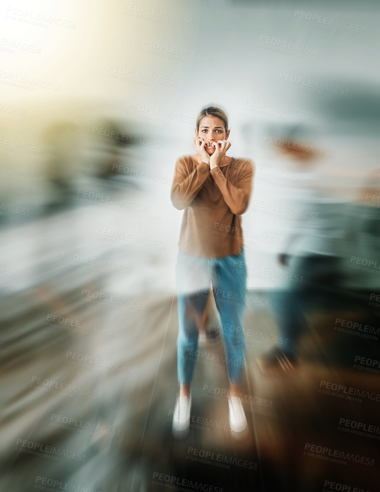 Buy stock photo Woman, anxiety and mental health in motion blur for stress, insane or schizophrenia. Girl, scared and fear in eyes with depression, paranoid or need help in psychology in home or work in Dallas