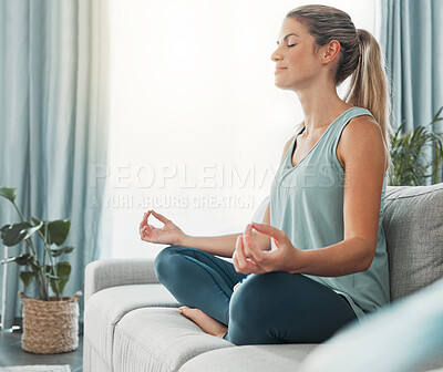 Buy stock photo Meditation, yoga and woman doing exercise for fitness, health and peace while sitting in lotus on sofa in lounge at home. Russia female calm and zen during wellness, mindfulness or spiritual practice