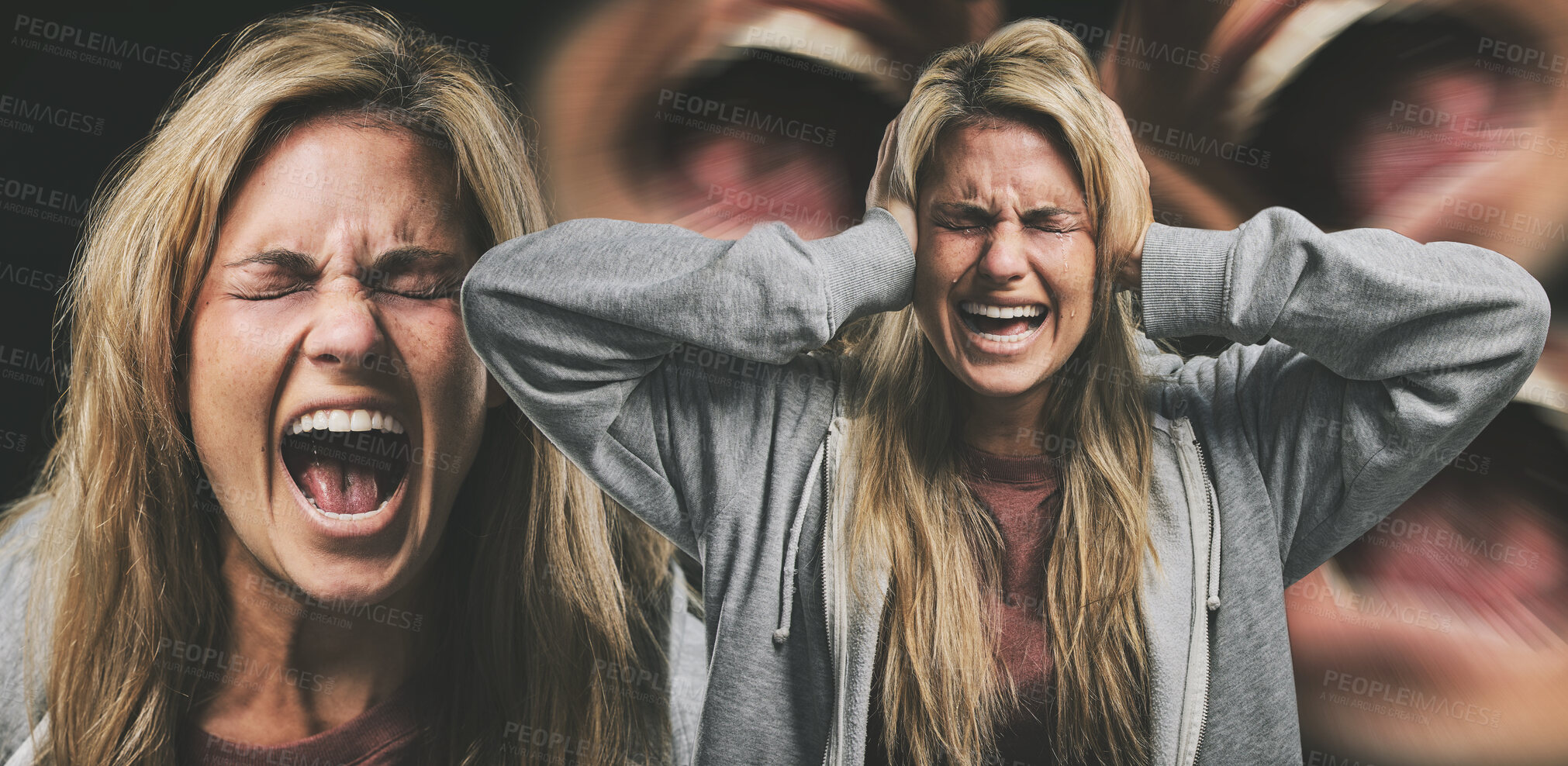 Buy stock photo Woman, scream and anxiety with stress, anger and pain on face. Girl, angry and burnout with depression, fear and frustrated for mental health with mouth open to cry, for help with emotion or grief