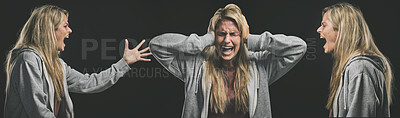 Buy stock photo Mental health, schizophrenia and bipolar woman with depression screaming for help. Anxiety, frustrated and depressed girl angry at mental illness trying to block out pain, stress and negative thought