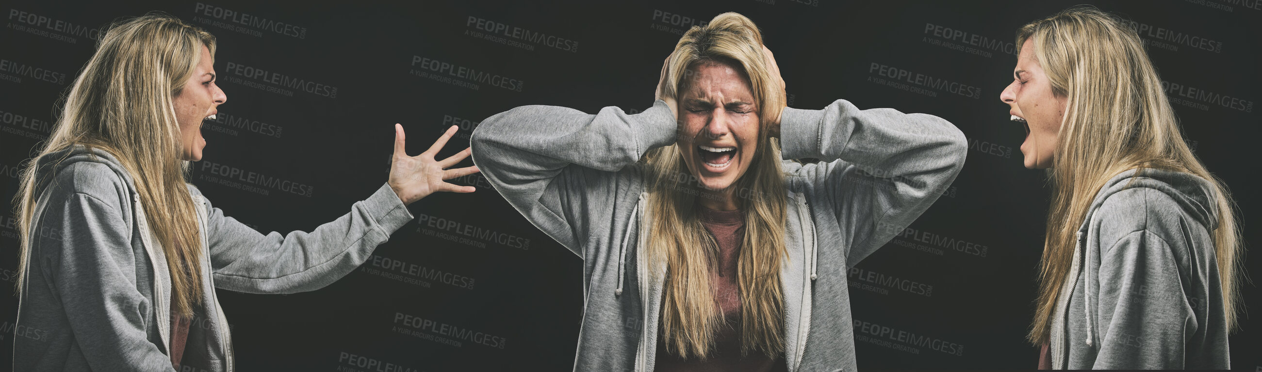 Buy stock photo Mental health, schizophrenia and bipolar woman with depression screaming for help. Anxiety, frustrated and depressed girl angry at mental illness trying to block out pain, stress and negative thought