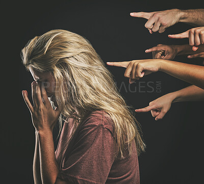 Buy stock photo People judge depressed young woman, fear social anxiety and mental health burnout with fingers point at sad girl. Stressed person frustrated, emotional headache from failure and social bullying