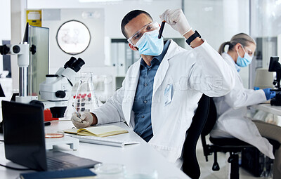 Buy stock photo Covid, science and blood with man in laboratory working on vaccine research for medical, healthcare and innovation. Dna, analytics and pharmacy with expert scientist and medicine, test and vision 