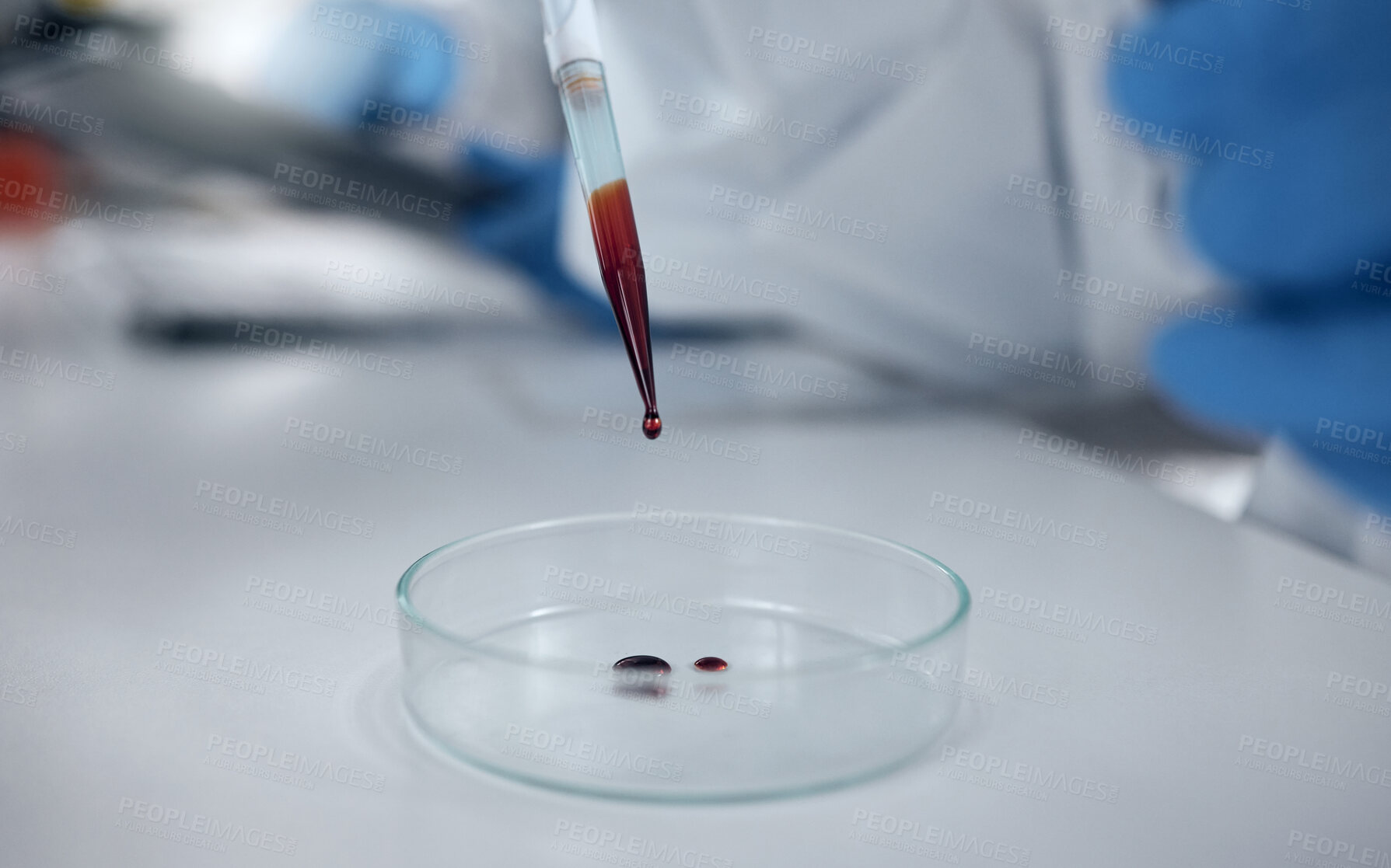 Buy stock photo Blood test, lab research and scientist working on medical development for science on a table. Pharmaceutical doctor doing an analysis on liquid for medicine and healthcare innovation at a hospital