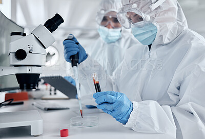 Buy stock photo Covid, blood and DNA with a science woman working in a lab for research, innovation and healthcare. Analytics, medical and breakthrough with a female scientist at work in a futuristic laboratory