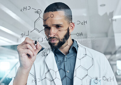 Buy stock photo Science, glass board and man writing a chemistry equation, formula or algorithm for medical research in a laboratory. Chemical innovation, scientific evolution and expert scientist working on idea