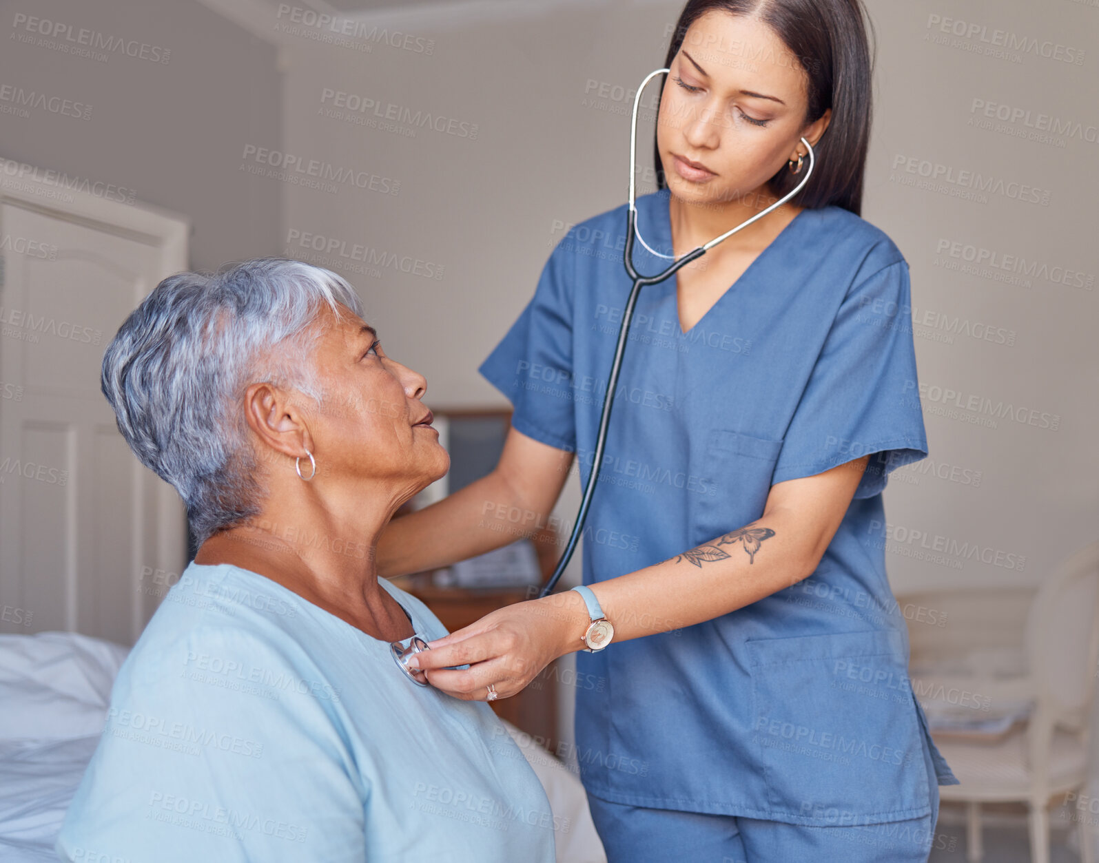 Buy stock photo Doctor, stethoscope and senior woman with caregiver checking health, heart rate and beat at home. Young female healthcare GP or nurse helping elderly patient check heartbeat for medical care indoors