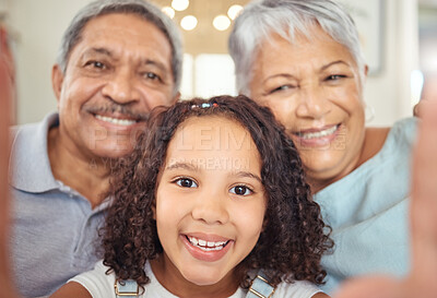 Buy stock photo Happy grandparents, girl child taking a selfie with senior couple and visit them in retirement. Kid loves hnaging out with elders, sharing online with social media and enjoy time together as a family