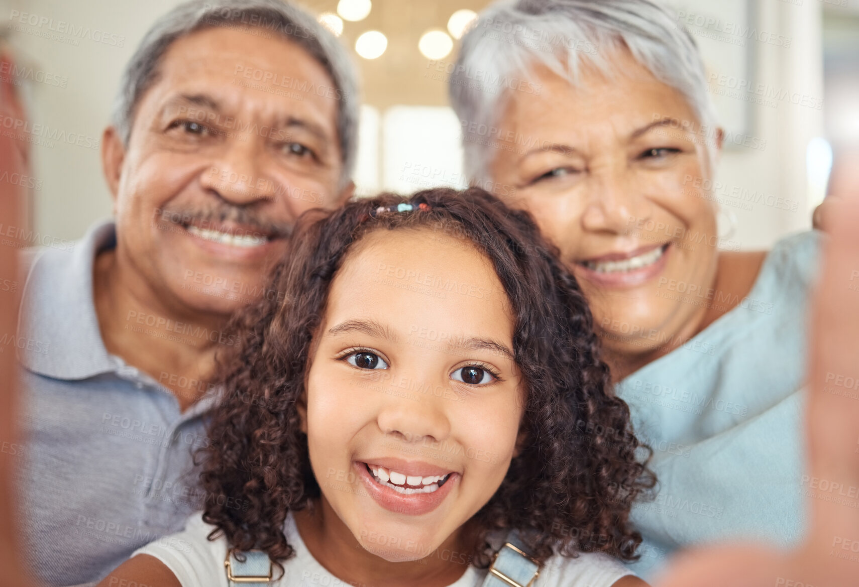 Buy stock photo Happy grandparents, girl child taking a selfie with senior couple and visit them in retirement. Kid loves hnaging out with elders, sharing online with social media and enjoy time together as a family
