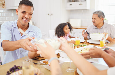 Buy stock photo Happy family, food and dinner eating on dining room table for thanksgiving, healthy and nutrition holiday celebration event. People enjoy family home party cooking together celebrate festive reunion