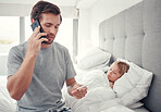 Father phone call doctor for sick child, virus and fever in Australia house bedroom. Worried man parent consulting kids healthcare advice, hot temperature thermometer and medical help for covid risk
