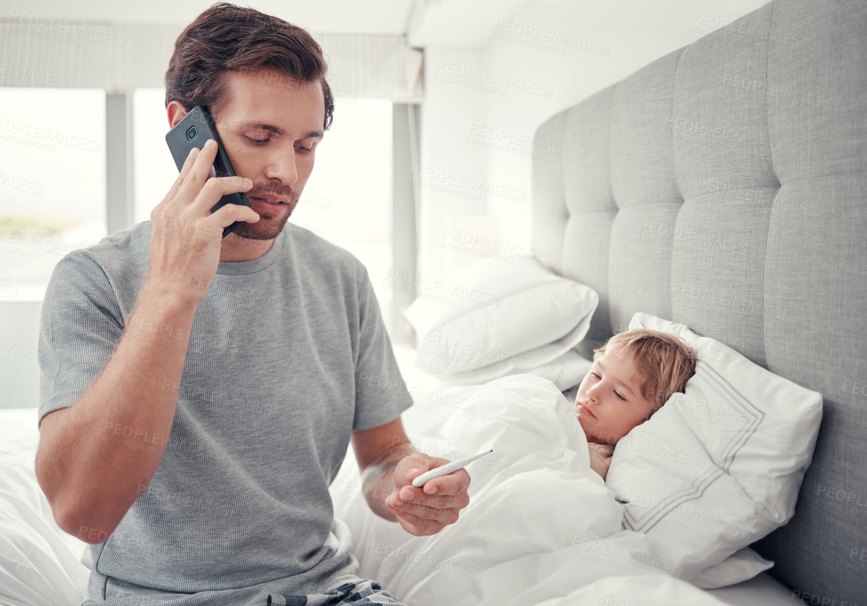 Buy stock photo Father phone call doctor for sick child, virus and fever in Australia house bedroom. Worried man parent consulting kids healthcare advice, hot temperature thermometer and medical help for covid risk