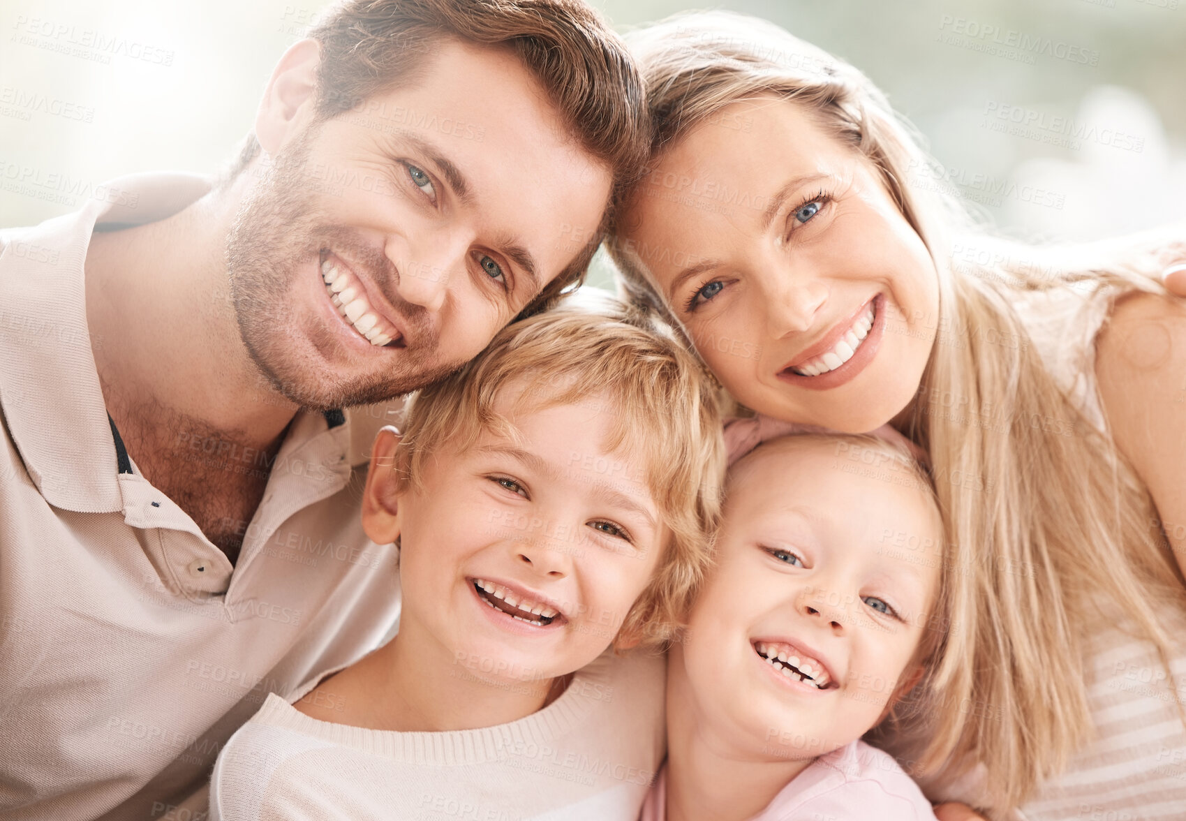 Buy stock photo Happy family in a portrait together for summer, outdoor wellness and holiday with mother, father and children. Love, care and smile face of people or kids with mom, dad or parents with sunshine bokeh