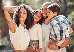 Family selfie with smartphone in a park or nature for outdoor summer wellness, hiking and happy holiday memory on mobile digital gallery. Mother portrait photo of children and father with lens flare