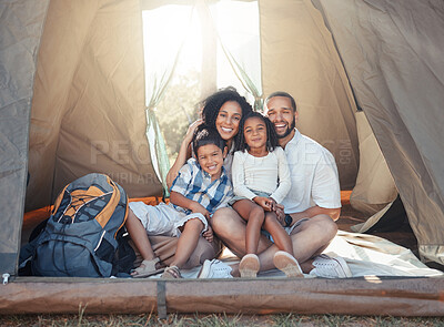 Buy stock photo Happy black family, smile and camping in tent for fun, adventure and bonding together in nature. Portrait of African mother, father and children relax on holiday camp for summer vacation and outdoors