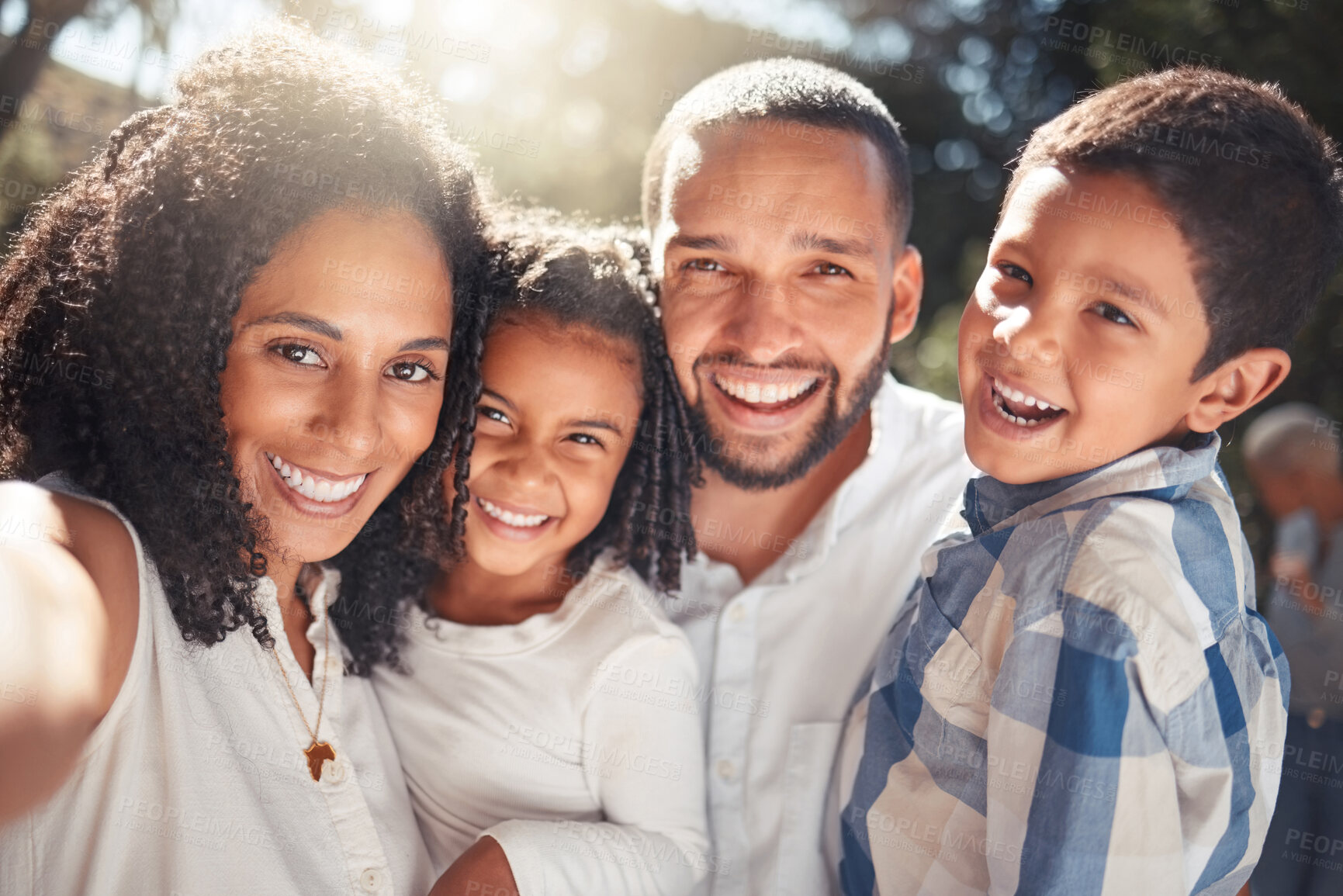 Buy stock photo Happy, family and selfie smile in nature for fun summer vacation or break together in the outdoors. Portrait of African mother, father and children smiling with phone in happiness for holiday trip