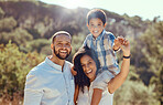 Black family and child in nature for summer hiking, adventure and healthy life with sunshine and trees. Happy mother, father or parents with kid portrait for wellness, growth or vitamin d lens flare
