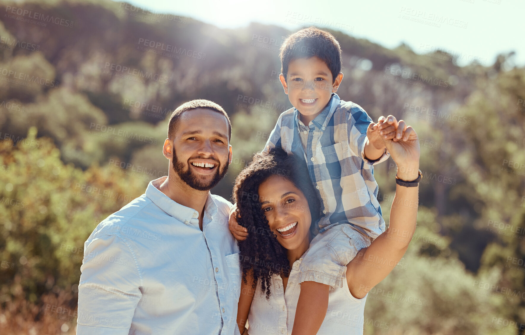 Buy stock photo Black family and child in nature for summer hiking, adventure and healthy life with sunshine and trees. Happy mother, father or parents with kid portrait for wellness, outdoor fun and bonding in park