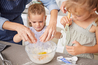 Buy stock photo Cooking, girls or bonding mother helping with eggs for dessert, breakfast or sweet recipe in house or family home kitchen. Hands, parent and learning children in baking healthy food and wellness diet