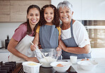 Cooking, girl and women bond in kitchen for dessert, breakfast food or sweet recipe in house or home. Family portrait, happy smile or baking child learning with parent or Brazilian senior grandmother