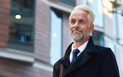 Buy stock photo Senior businessman smiling confident looking pensive in city