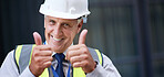 Portrait construction worker man smiling with thumbs up wearing hard hat and reflective vest in city