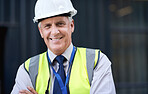 Portrait mature construction worker man smiling confident with arms crossed engineer boss wearing hard hat and reflective vest in city
