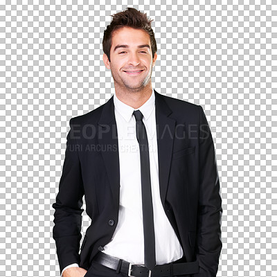 Buy stock photo Business man, smile and portrait of model on a transparent background for fashion and style. Professional male person isolated in studio for png design with confidence, luxury clothes and wealth