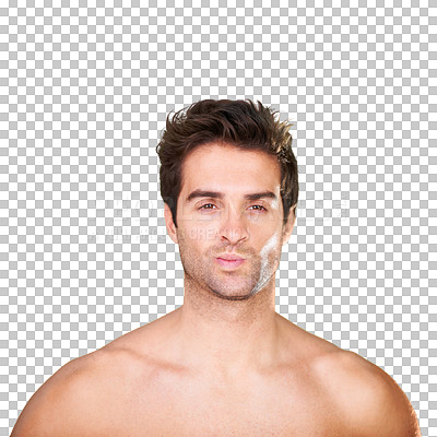 Buy stock photo Skincare, hygiene and grooming of the face of a man with cosmetics care, clean and wellness. Portrait, beauty and headshot of a young model or person isolated on a transparent png background