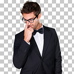 Suit, tuxedo and fashion for a stylish man wearing elegant, rich and classy clothes on a png, transparent and isolated or mockup background. Portrait of an attractive and handsome guy with glasses