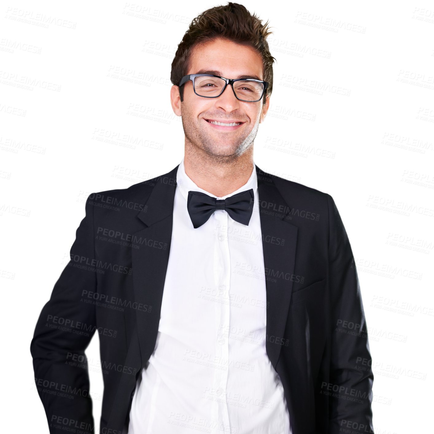 Buy stock photo Handsome, groom and glasses in tuxedo for portrait with smile in happiness. Caucasian, husband and blissful on face on isolated or a transparent png background for wedding, reception or dinner


