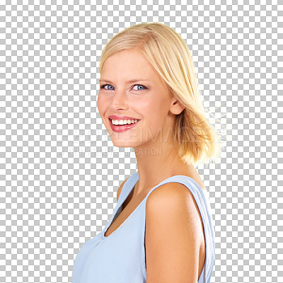 Buy stock photo Face, beauty and portrait of a woman on a transparent background for dermatology cosmetics. Happy aesthetic female model isolated on png alpha channel for skin care glow, make up and self love 