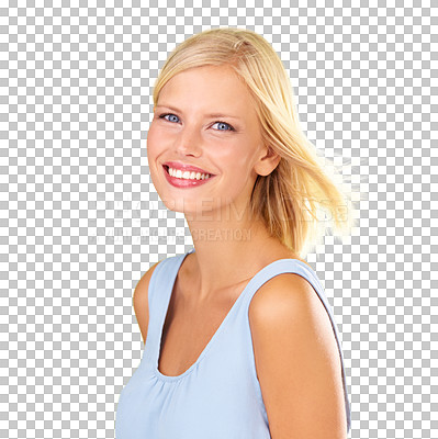 Buy stock photo Beauty, portrait and face of a woman on a transparent background for dermatology cosmetics. Aesthetic female model smile and isolated on png for skincare glow, make up and self care wellness