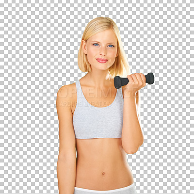 Buy stock photo Exercise, dumbbell and portrait of a woman training or workout for fitness. Happy aesthetic female model isolated on png, transparent background for weightlifting, weight loss and body wellness