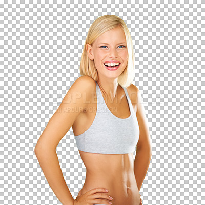Buy stock photo Portrait, woman and fitness model for training with apparel for gym, workout or body care. Happy, person or girl on isolated or a transparent png background for wellness, healthcare and exercise
