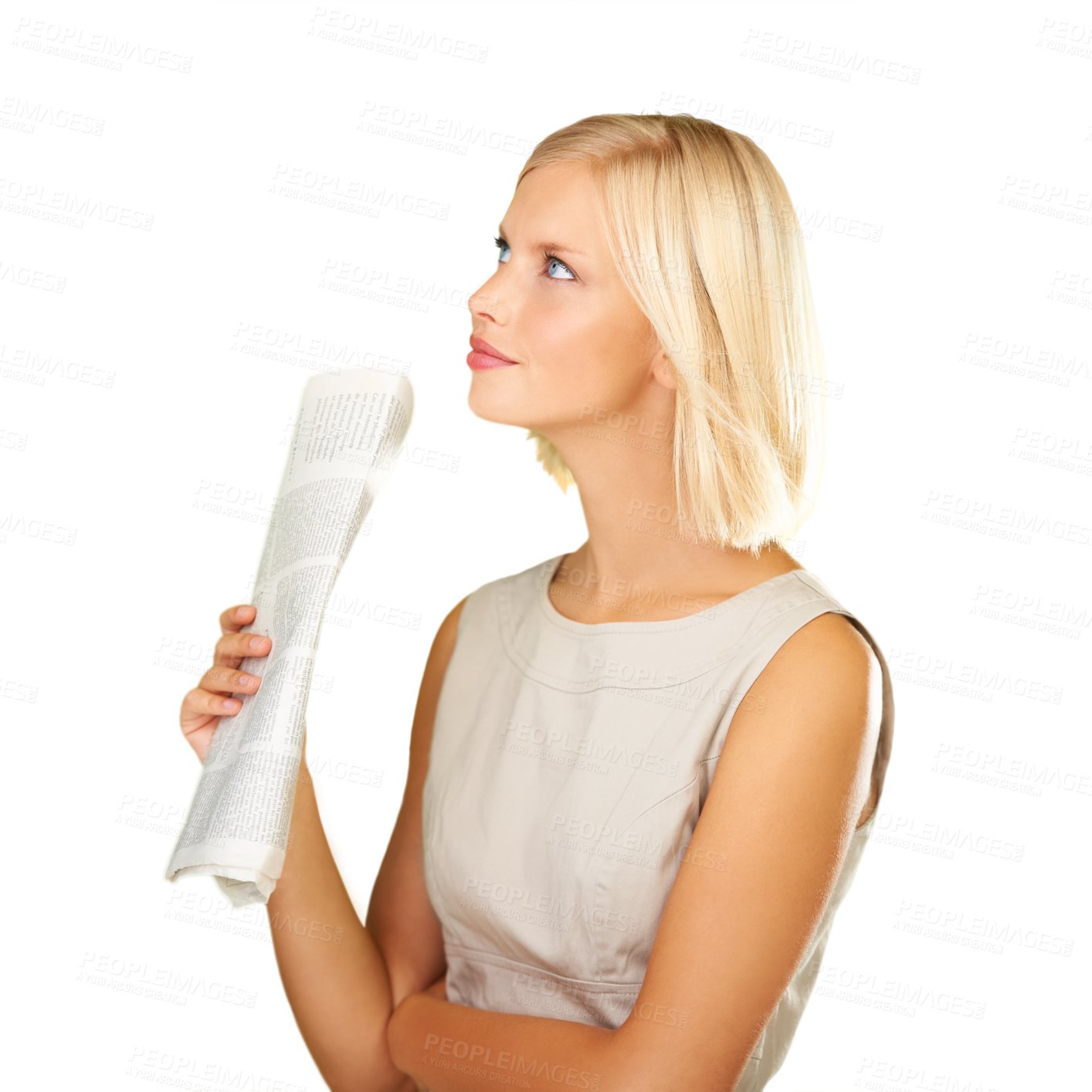 Buy stock photo Woman, thinking and business newspaper for news and reading about stock market ideas. Female person with paper in hand to think of idea, planning or decision isolated on a transparent, png background