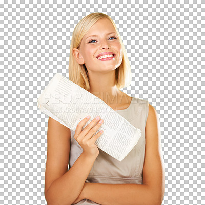 Buy stock photo Woman, newspaper and portrait with smile reading isolated on transparent png background. Female person, career search and world news for information print, global media report or press article



