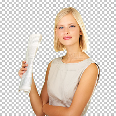 Buy stock photo Woman, newspaper and studio or confident reading, global media or portrait isolated on transparent png background. Female person, smile and information print or letter press, article or report story
