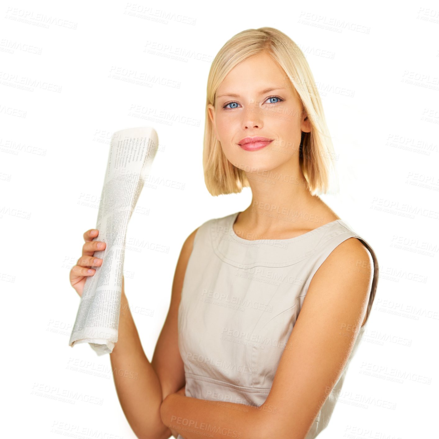 Buy stock photo Woman, newspaper and studio or confident reading, global media or portrait isolated on transparent png background. Female person, smile and information print or letter press, article or report story