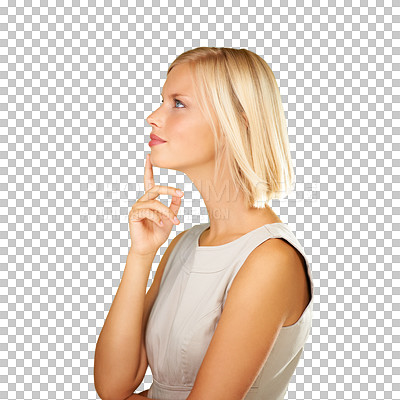 Buy stock photo Woman, hand on face and thinking of idea on transparent background to remember memory. Business person or model profile think of solution, decision or choice and question about plan isolated on png