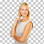 Portrait, business and a woman or leader looking serious and confident with a mindset of empowerment on a png, transparent and mockup or isolated background. Fashion for a blonde and elegant girl