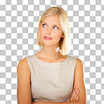 Thinking, doubt and confused about a question or idea by a woman making a decision about business on a png, transparent and mockup or isolated background. Unsure about a thought or choice to choose