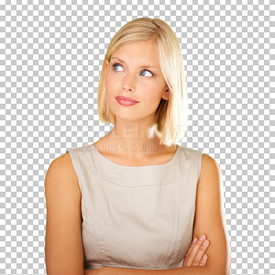 Buy stock photo Business woman, face and thinking of idea on transparent background to remember memory. Female person or model think of solution, decision or choice and question for advertising isolated on png