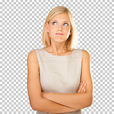 Buy stock photo Woman, arms crossed or decision or doubt thinking isolated on transparent png background. Female, looking up or smart clothes or confused question brainstorming idea for thought, solution or choice