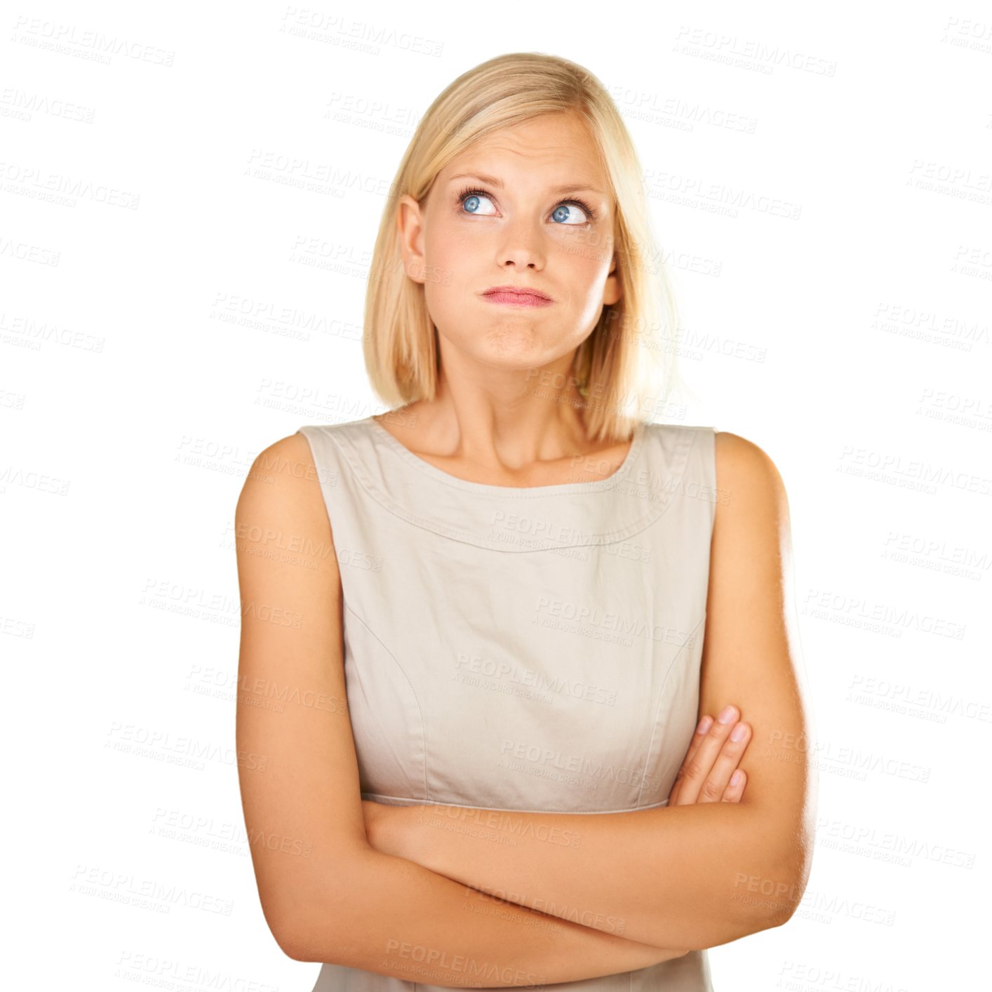 Buy stock photo Woman, arms crossed or decision or doubt thinking isolated on transparent png background. Female, looking up or smart clothes or confused question brainstorming idea for thought, solution or choice