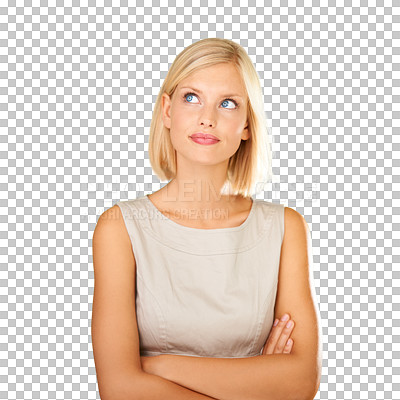 Buy stock photo Thinking, business woman and face with an idea or to remember memory. Female person with arms crossed to think of a solution, decision or choice and question isolated on a transparent, png background