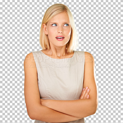 Buy stock photo Business woman, confused or thinking of idea to remember memory. Entrepreneur person with a solution, decision or choice and question or arms crossed for doubt isolated on transparent png, background
