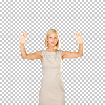 Buy stock photo Woman, arms up and stop warning as portrait for protest or strike rally isolated on transparent png background. Female person, hands in air and palm for social justice, solidarity or human rights